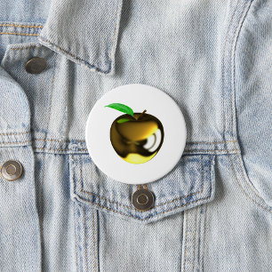 Badge Rond 7,6 Cm Pomme dorée avec feuille brillante métallique