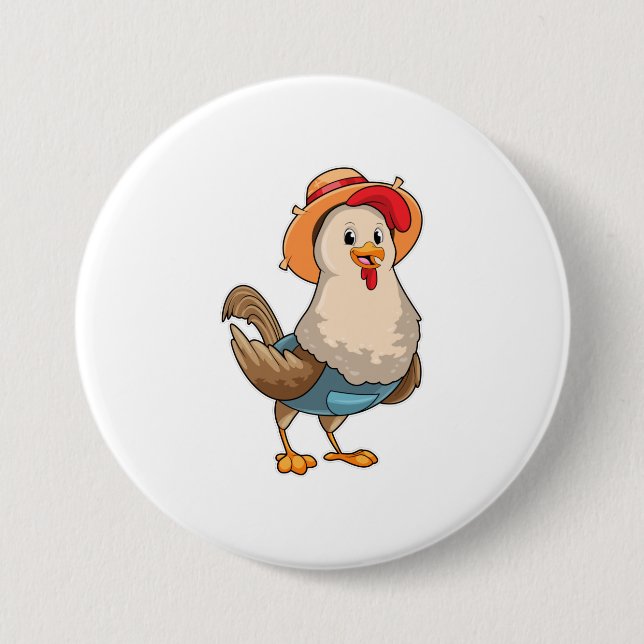 Badge Rond 7,6 Cm Poulet en fermier avec Casquette (Devant)