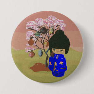 Badge Rond 7,6 Cm Poupée mignonne de kokeshi avec l'arbre de fleurs