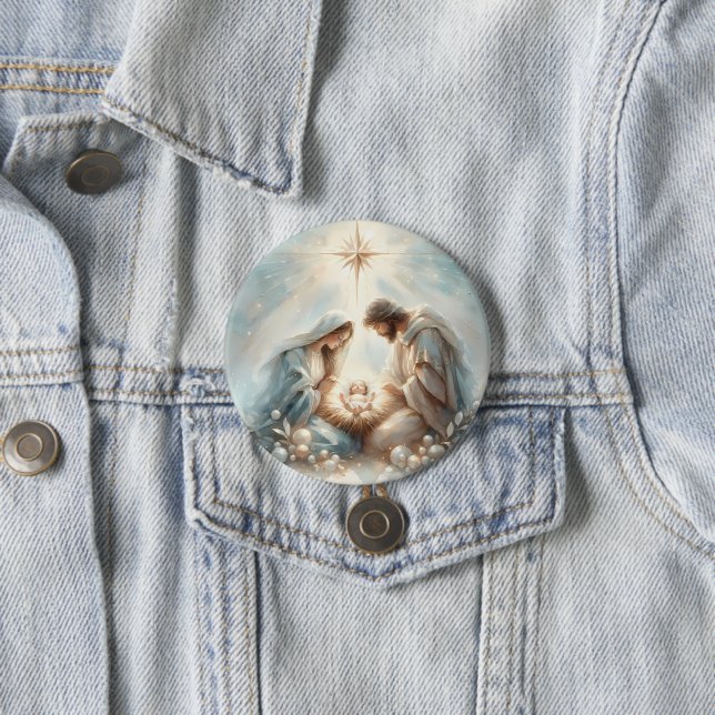 Badge Rond 7,6 Cm Radiant Holy Family Nativity Scene (En situation)
