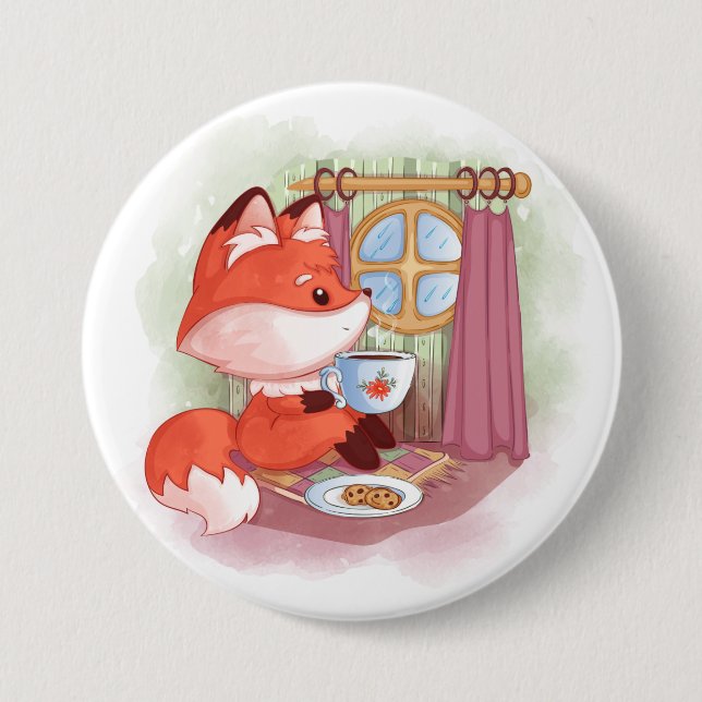 Badge Rond 7,6 Cm Renard aquarelle avec thé et biscuits (Devant)
