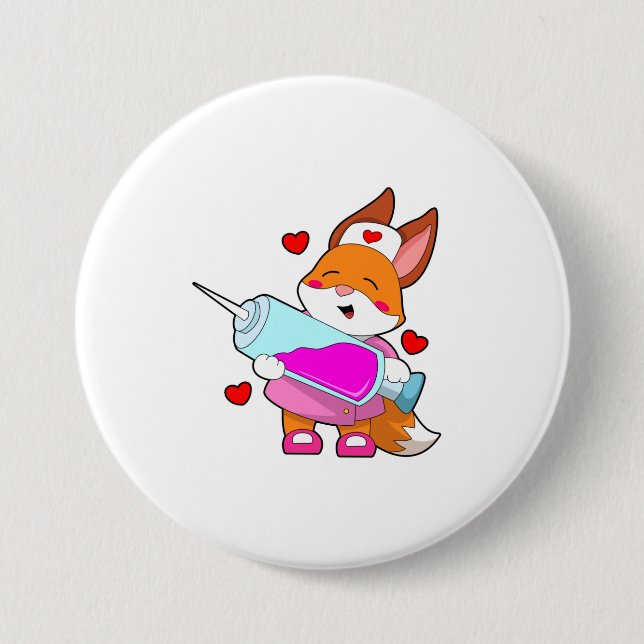 Badge Rond 7,6 Cm Renard comme infirmière avec seringue (Devant)