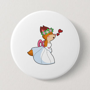 Badge Rond 7,6 Cm Renard comme mariée avec robe de mariée et couronn