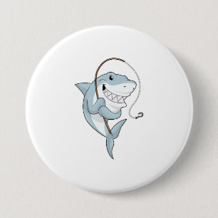 Badge Rond 7,6 Cm Requin comme pêcheur avec canne à pêche