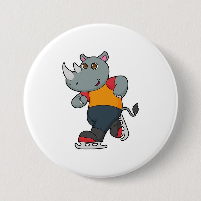 Badge Rond 7,6 Cm Rhino at Ice skating with Ice skates (Devant)