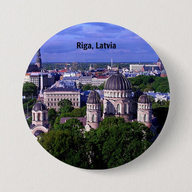 Badge Rond 7,6 Cm Riga, Lettonie, paysage urbain, (Devant)