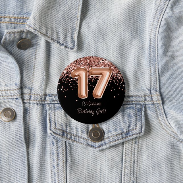 Badge Rond 7,6 Cm Rose Gold Black 17th Birthday Party (En situation)