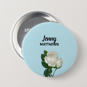 Badge Rond 7,6 Cm Roses blanches vintages nom personnalisé sur bleu