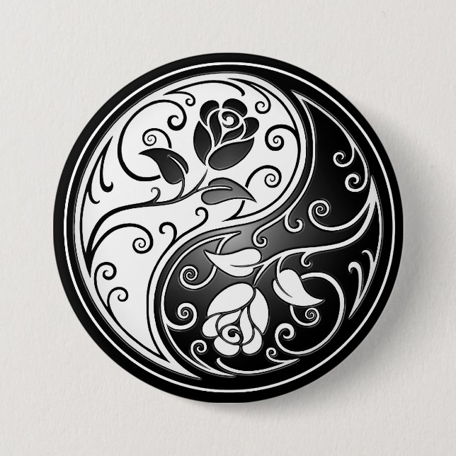 Badge Rond 7,6 Cm Roses de Yin Yang, noirs (Devant)