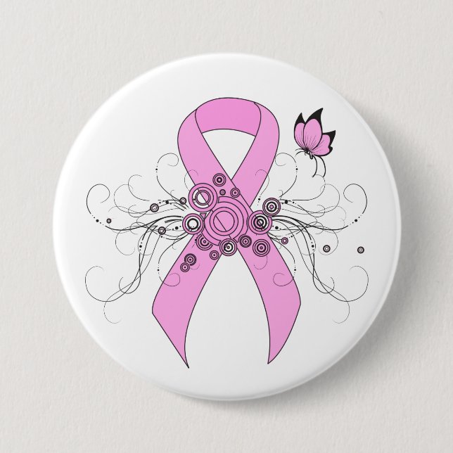 Badge Rond 7,6 Cm Ruban de sensibilisation rose avec papillon (Devant)