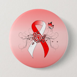 Badge Rond 7,6 Cm Ruban rouge et blanc avec papillon