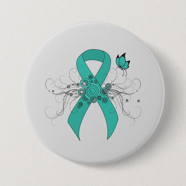Badge Rond 7,6 Cm Ruban turquoise avec papillon (Devant)