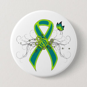 Badge Rond 7,6 Cm Ruban vert turquoise et citron vert avec papillon