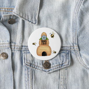 Badge Rond 7,6 Cm Ruche d'abeille avec fleur bleue et abeilles