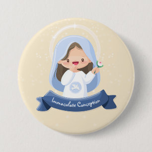 Badge Rond 7,6 Cm Sainte Vierge Kawaii Souriante – Fond Beige