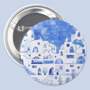 Badge Rond 7,6 Cm Santorin Grèce Aquarelle Townscape