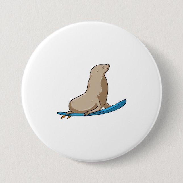 Badge Rond 7,6 Cm Sceau comme surfeur avec Surfboard (Devant)