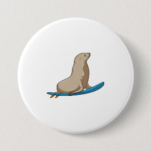 Badge Rond 7,6 Cm Sceau comme surfeur avec Surfboard