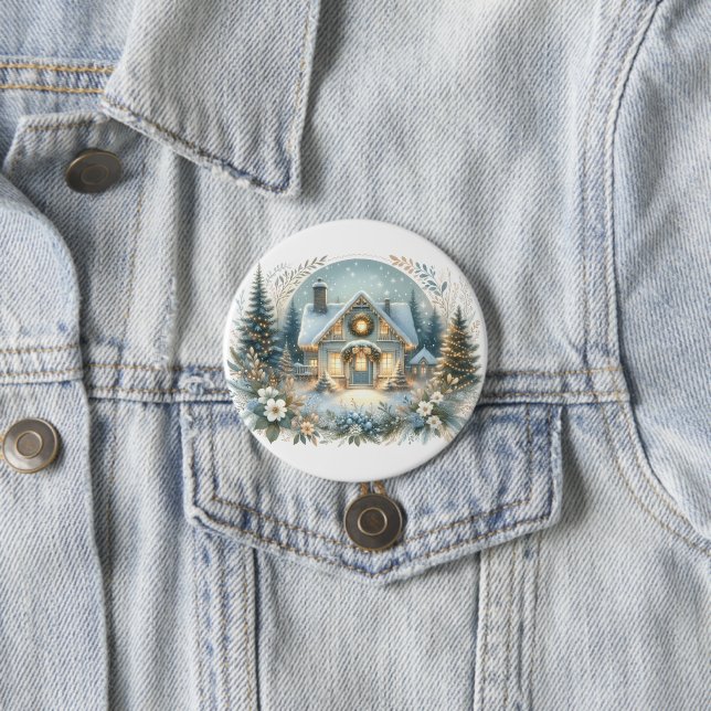 Badge Rond 7,6 Cm Scène de Cabane enneigée lumineuse (En situation)