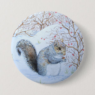 Badge Rond 7,6 Cm scène de neige d'écureuil gris