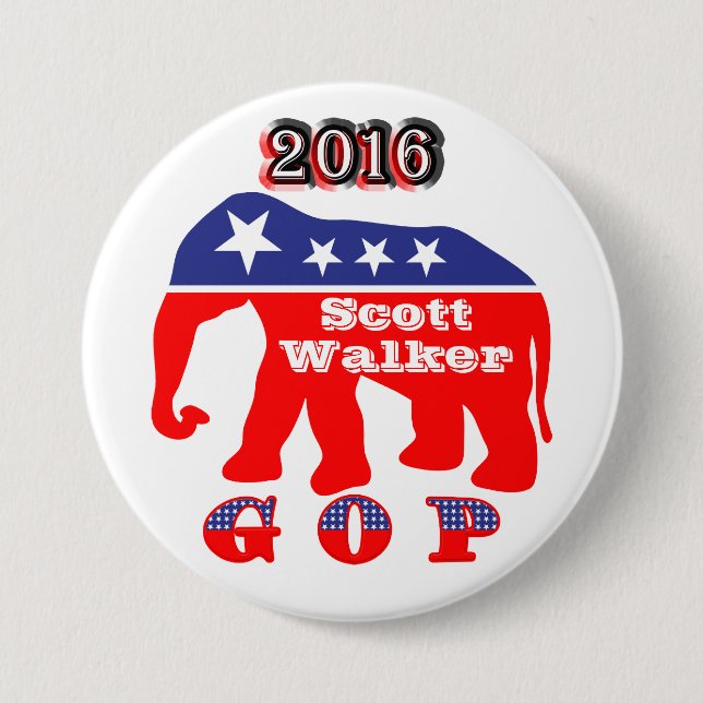 Badge Rond 7,6 Cm Scott Walker 2016 - Eléphant rouge, blanc et bleu (Devant)