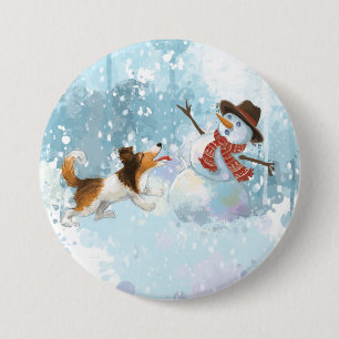 Badge Rond 7,6 Cm Sheldon le Sheltie et le Bonhomme de Neige