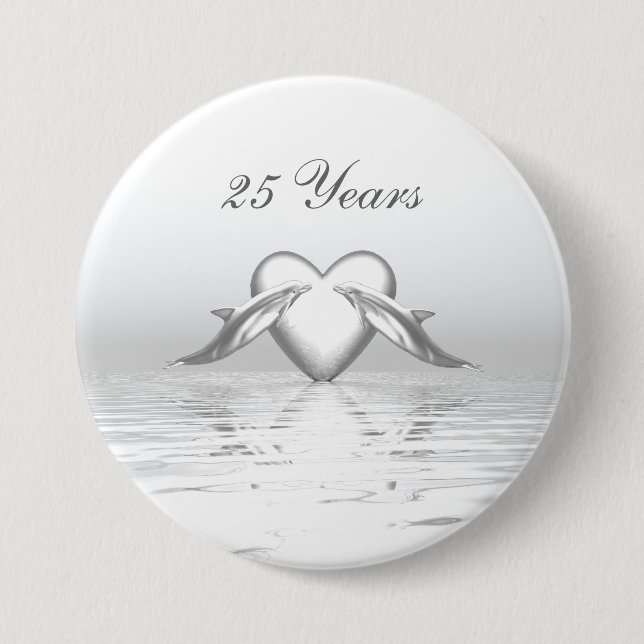 Badge Rond 7,6 Cm Silver Anniversary Dolphins et Heart (Devant)