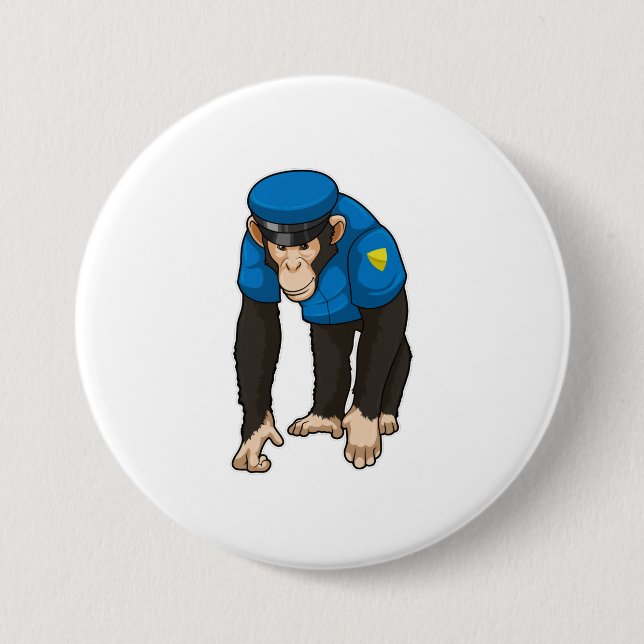 Badge Rond 7,6 Cm Singe comme policier avec Uniforme (Devant)