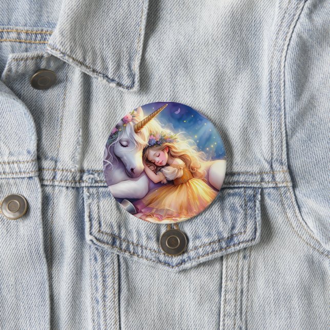 Badge Rond 7,6 Cm Sleeping Girl Unicorn Dreamscape (En situation)