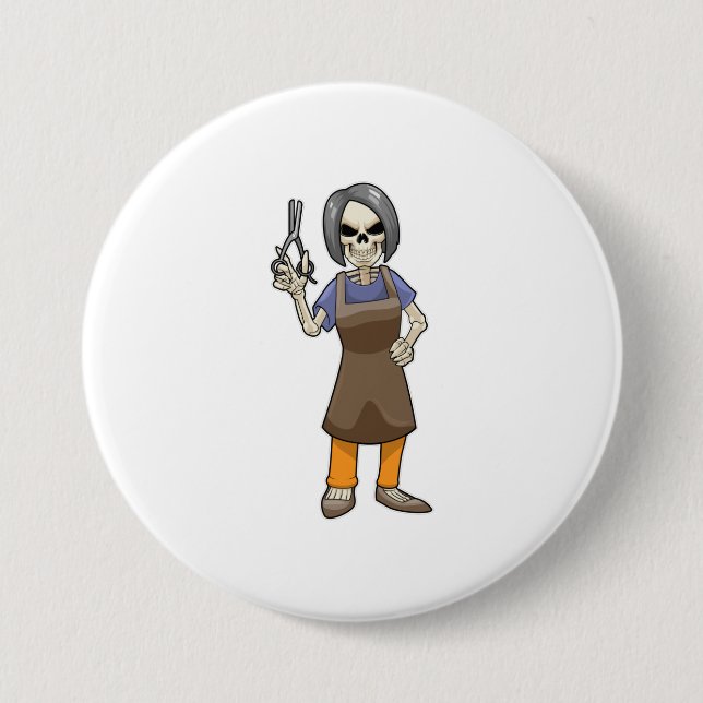 Badge Rond 7,6 Cm Squelette comme coiffeur avec ciseaux (Devant)