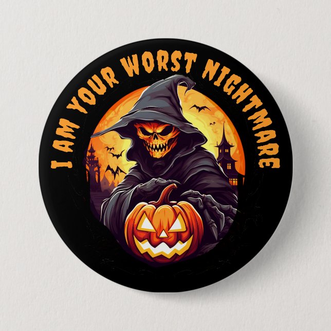 Badge Rond 7,6 Cm Squelette effrayant avec Halloween Citrouille (Devant)