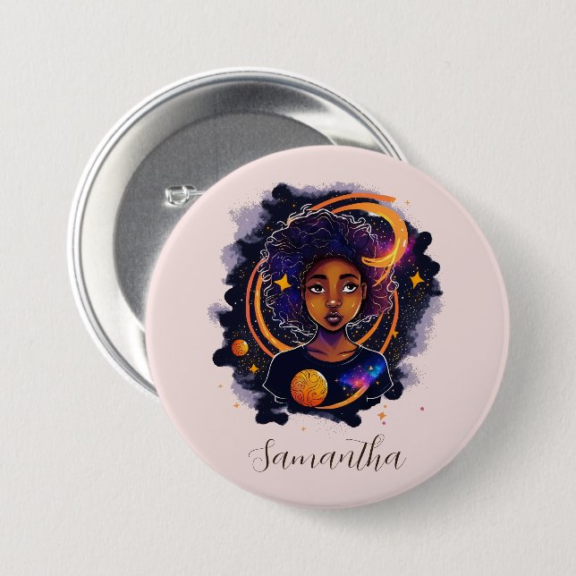Badge Rond 7,6 Cm Système solaire Afro Femme (Devant & derrière)