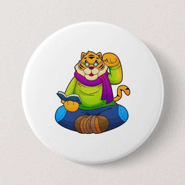 Badge Rond 7,6 Cm Tiger Nerd avec Livre (Devant)