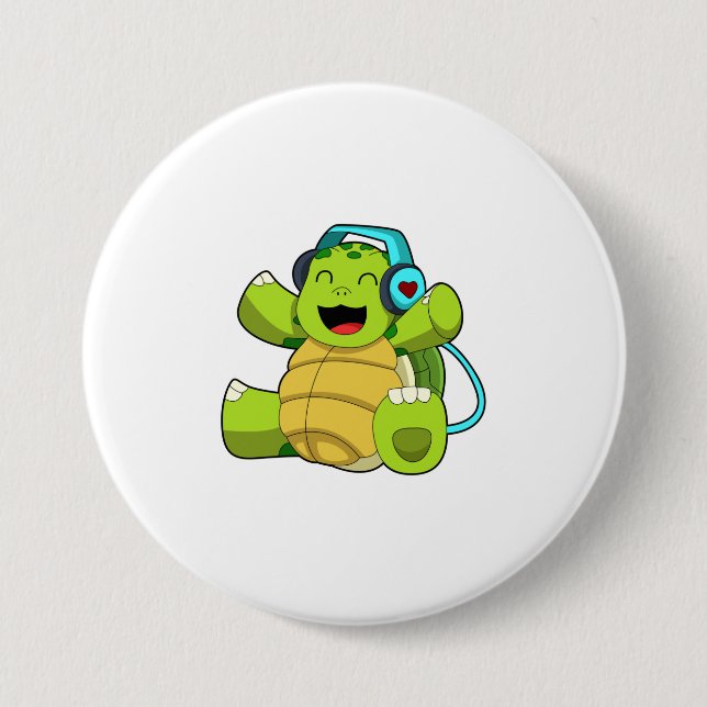 Badge Rond 7,6 Cm Tortue en musique avec casque (Devant)