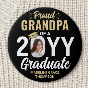 Badge Rond 7,6 Cm Tout Texte & Diplômé Photo Fier Grand-Père Noir Or