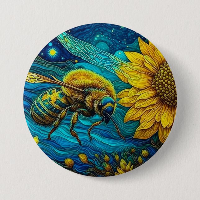Badge Rond 7,6 Cm Van Gogh Style Bee & Sunflower (Devant)