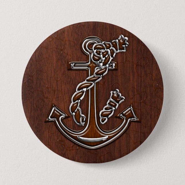 Badge Rond 7,6 Cm Wet Nautical Mahogany Anchor Steel Decor (Devant)