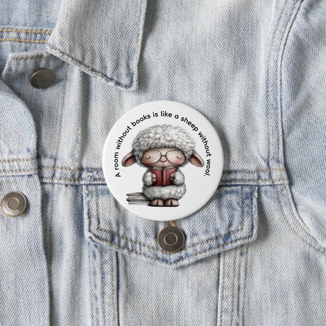 Badge Rond 7,6 Cm Whimsical Cute Sheep Reading a Book (En situation)