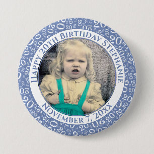 Badge Rond 7,6 Cm Your Photo 20th Birthday Random Number Blue