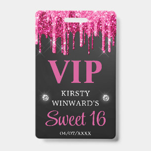Badge Rose Chaud et Noir Paillettes qui Coulent Sweet Si