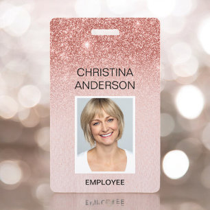 Badge Rose Gold Glitter Employé - Nom Photo Entreprise