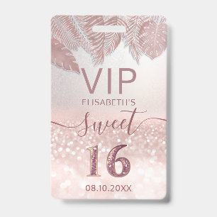 Badge Rose gold pailleté tropical écriture Sweet 16 VIP