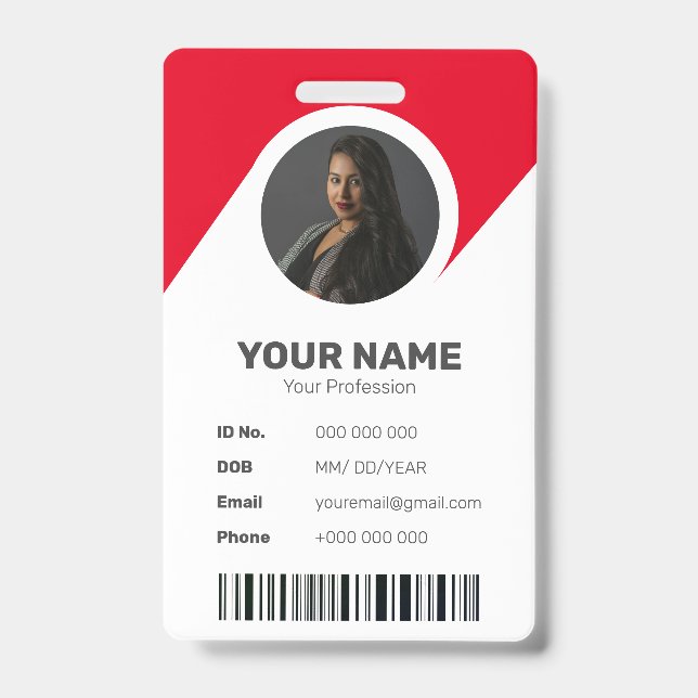 Badge Rouge Chic Moderne ID Minimal Code-Barres Photo de (Avant)