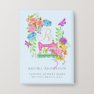 Badge Ruban de couture floral monogramme bleu