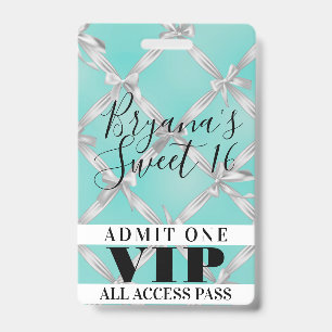 Badge Rubans Blancs Turquoise Douce Fête 16 VIP Pass Bad