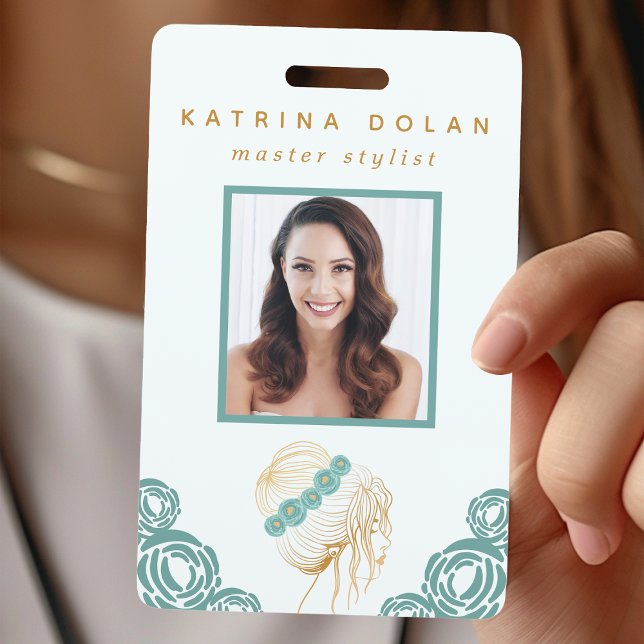 Badge Salon Turquoise Gold Floral Updo Photo Hair Stylis (Créateur téléchargé)