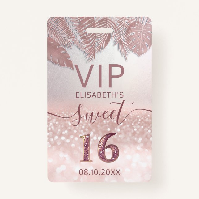 Badge Script de parties scintillant en or Rose tropical  (Devant)