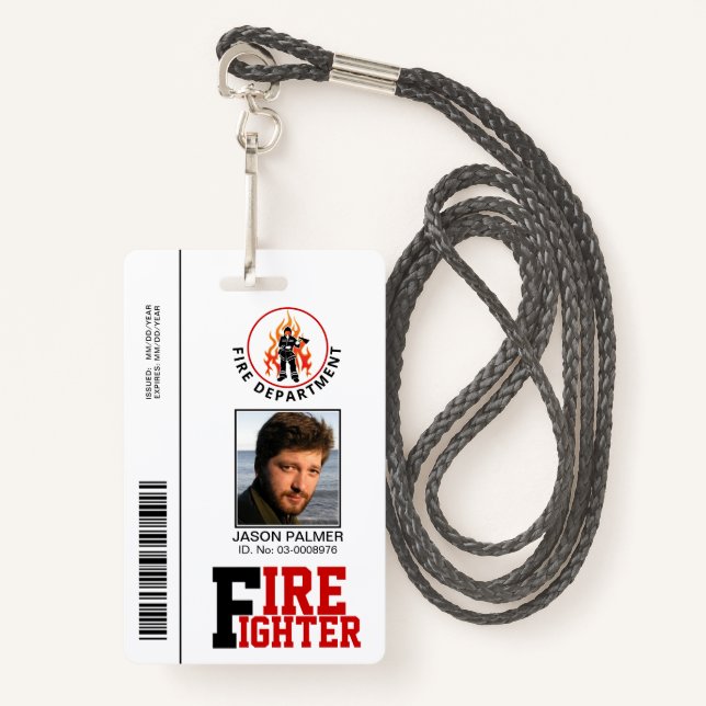 Badge Service des pompiers photo id modèle rouge (Devant avec lanière)