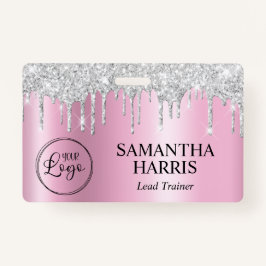 Badge Silver Glitter Drips Pink Shimmer