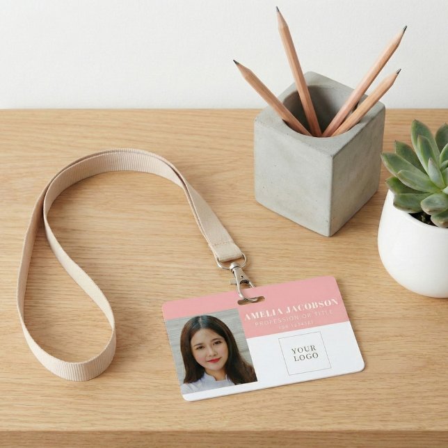 Badge Simple Blush Pink Employee Photo ID Logo Barcode  (Créateur téléchargé)